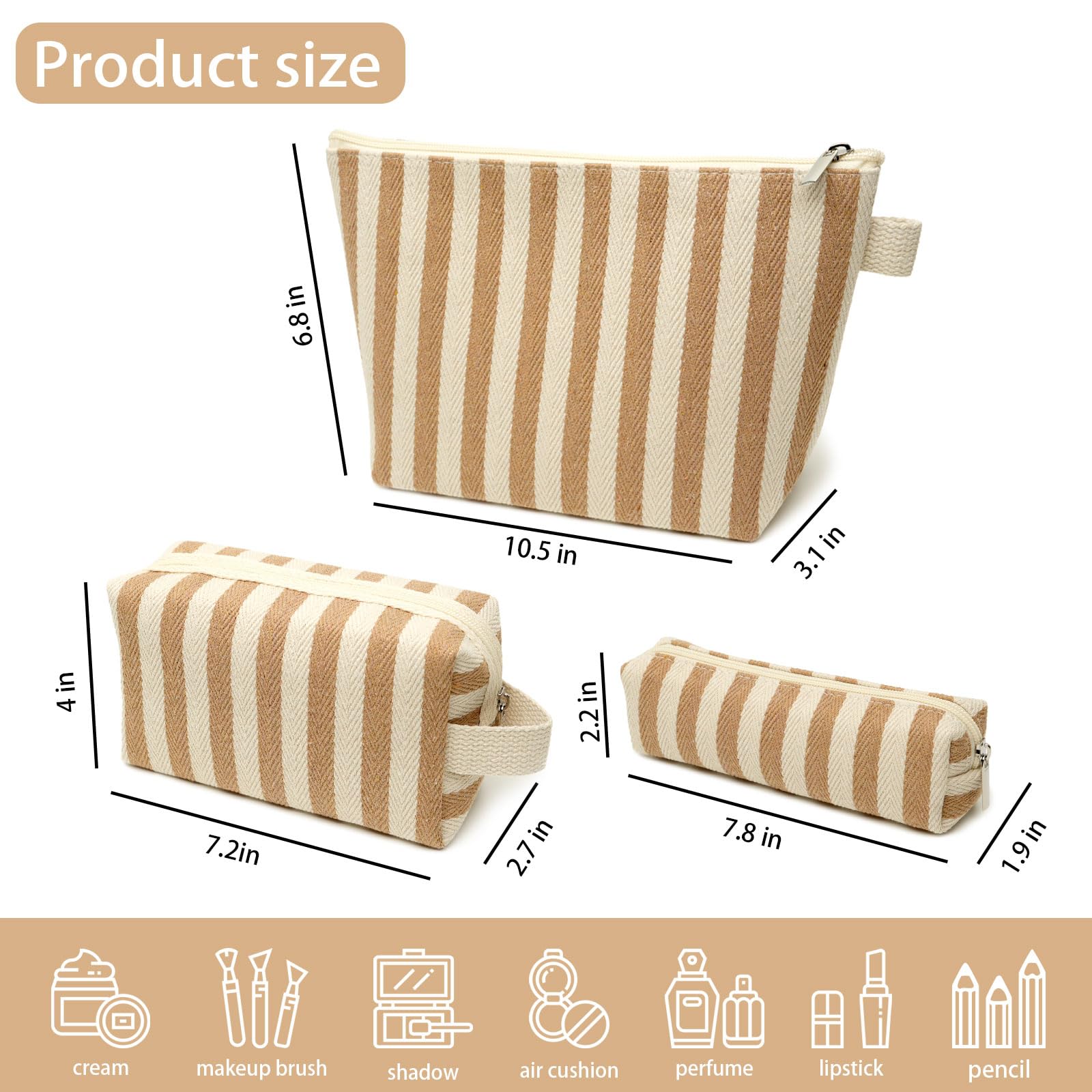 Beayuva 3 Pcs Makeup Bag Set Striped Canvas Purse Cosmetic Bag For Women Travel Toiletry Pouch Organizer pencil case (Khaki-White)