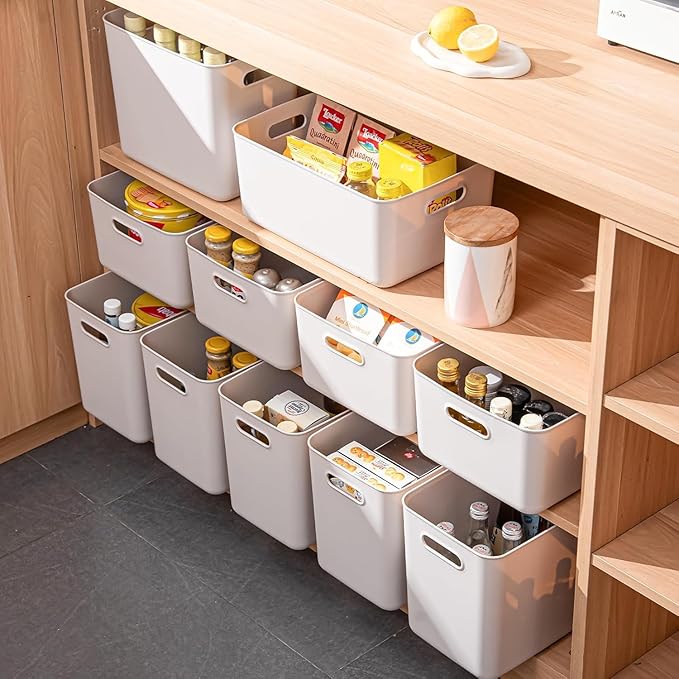 Ytteve Light Grey 2-Pack Large Plastic Storage Bins with Handles, 14.2" x 10" x 6.3" Stackable Organizer Containers for Kitchen Pantry, Closet, Bathroom, Office & Cabinet Drawers