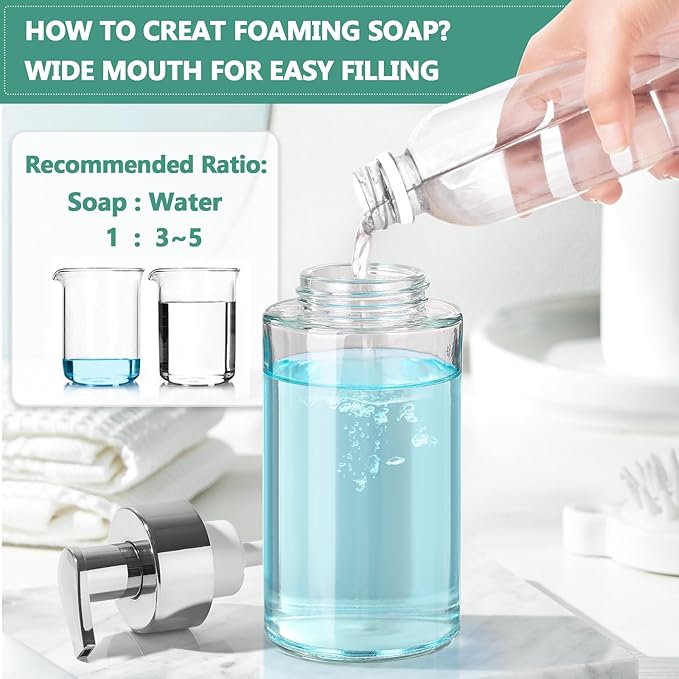 Glass Soap Dispenser, 10 oz/300ml Foaming Soap Dispenser, 2 Pack Foaming Hand Dispenser for Bathroom & Kitchen, Clear Refillable Foam Soap Bottle with Silver Pump