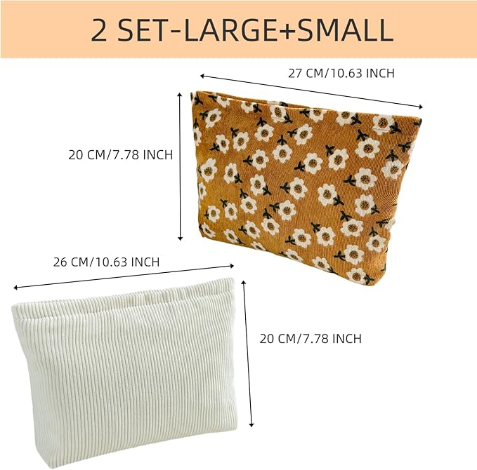 RIKMOXR 2 makeup bags Women's floral lamp core velvet canvas makeup bag, travel makeup bag, wallet storage, khaki and cute beige