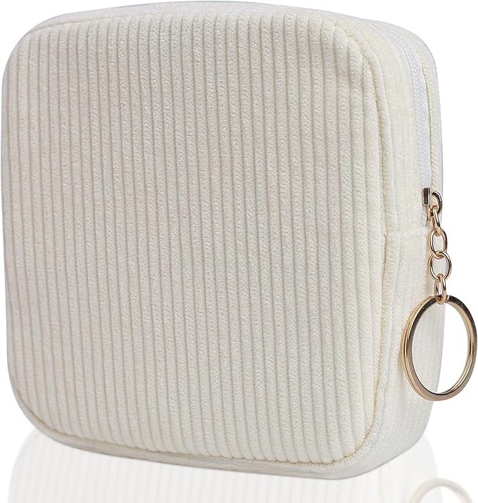 Teircno Sanitary Napkin Storage Bag, Preppy Corduroy Period Bag for Women, Cute Portable Period Pouch with Zipper, Sanitary Pads Bag Tampons Holder for Purse, First Period for Women Ladies