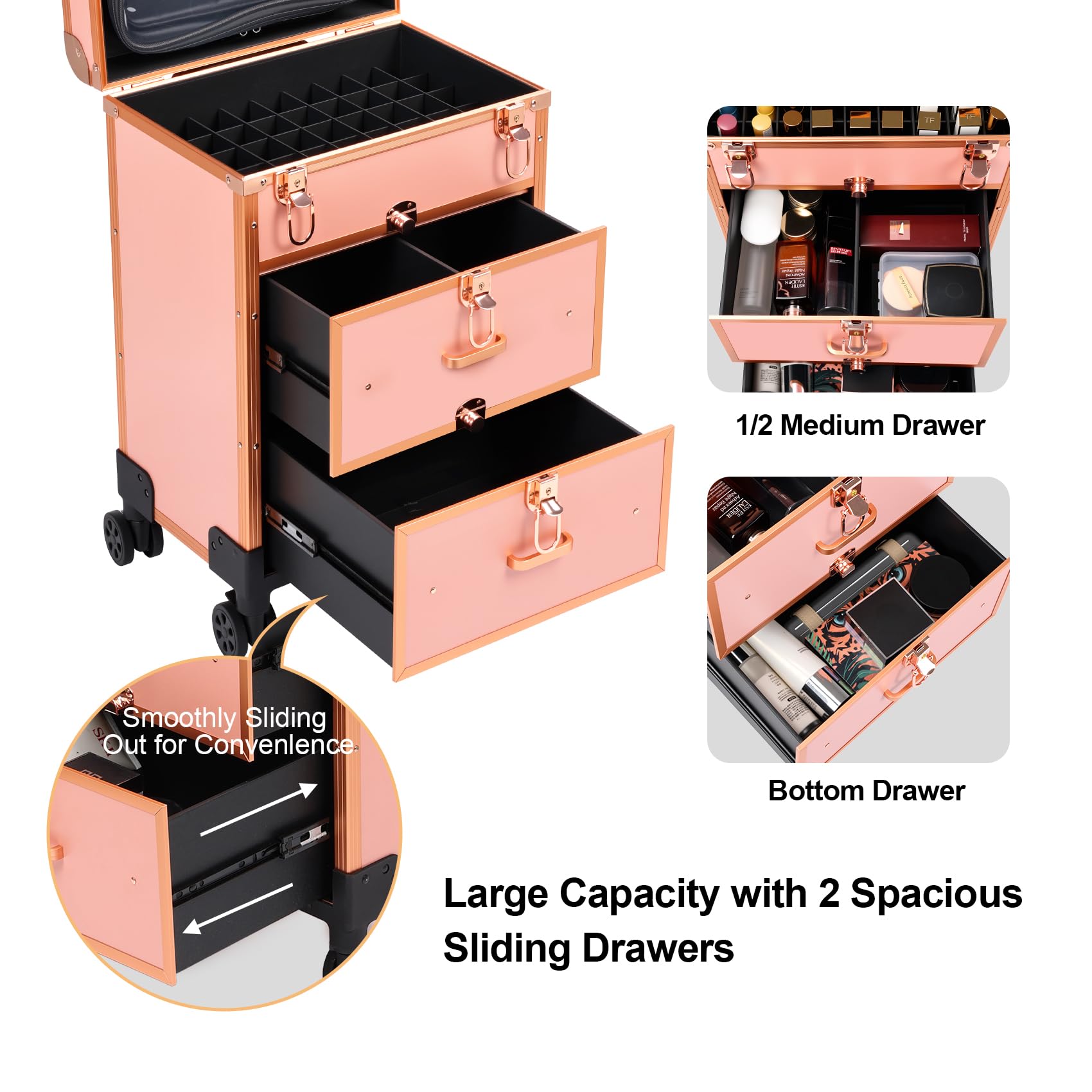 3 in 1 Rolling Makeup Case, Professional Cosmetology Case on Wheels, Detachable Clear Makeup Bag & Nail Polish Organizer, Portable Makeup Trolley with Drawers for Makeup Artists & Nail Technicians