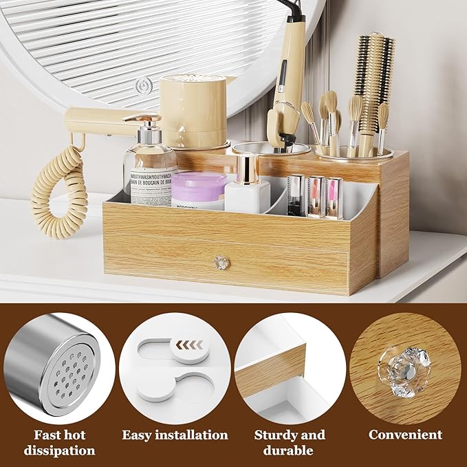 GFWARE Hot Hair Styling Tool Organizer with Drawer & 3 Cooling Cups, Wood