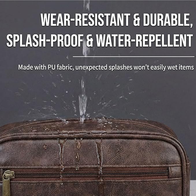 Men’s Toiletry Bag - Vintage PU Leather Kit for Travel - Water-Resistant Shaving Bag,Compact Pouch Gift for Husband, Dad (Brown)