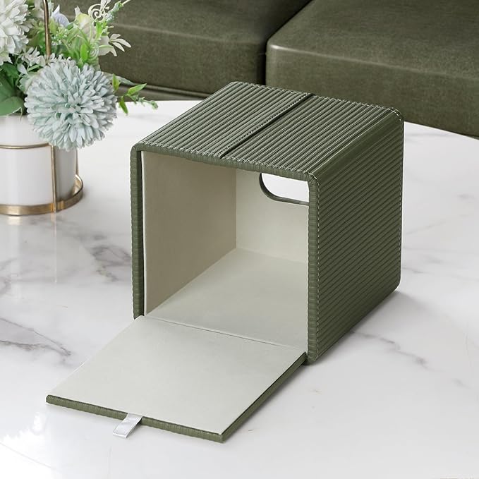 Tissue Box Cover Square with Magnetic Closure, PU Leather Tissue Box Holder for Bathroom NightStands Livingroom, Decorative Modern Square Tissue Holder (Green)