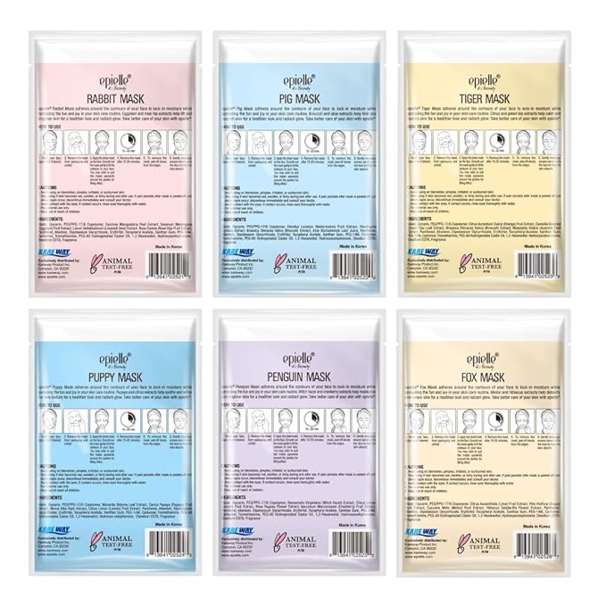 Epielle Character Face Mask Fuzzy Friends 6 Pack, Fun & Effective Korean Skin Care, Spa Party Favors, Birthday Gifts for Women, Self Care Gifts