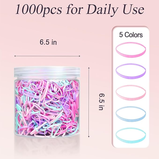 1000pcs Mini Hair Rubber Bands, Soft & Durable Plastic Elastic Hair Ties for Little Girls, Stretch Ponytail Ties for Kids Hairstyles and Braids