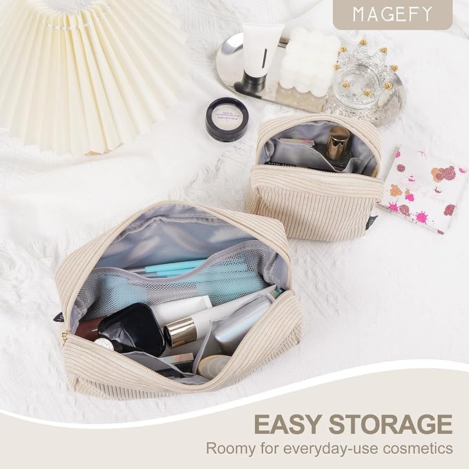 MAGEFY Small Makeup Bag for Purse Mini Cosmetics Bag Corduroy Cute Cosmetic Pouch for Women with Slip-in Pockets (Beige)
