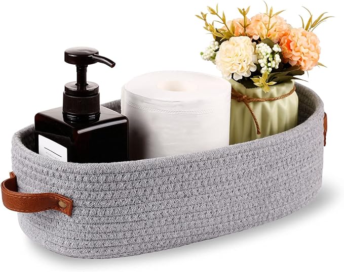 Oradrem Cotton Rope Small Woven Toilet Paper Room Storage Basket with Handles for Bathroom, 13"x5.9"x4" Gary