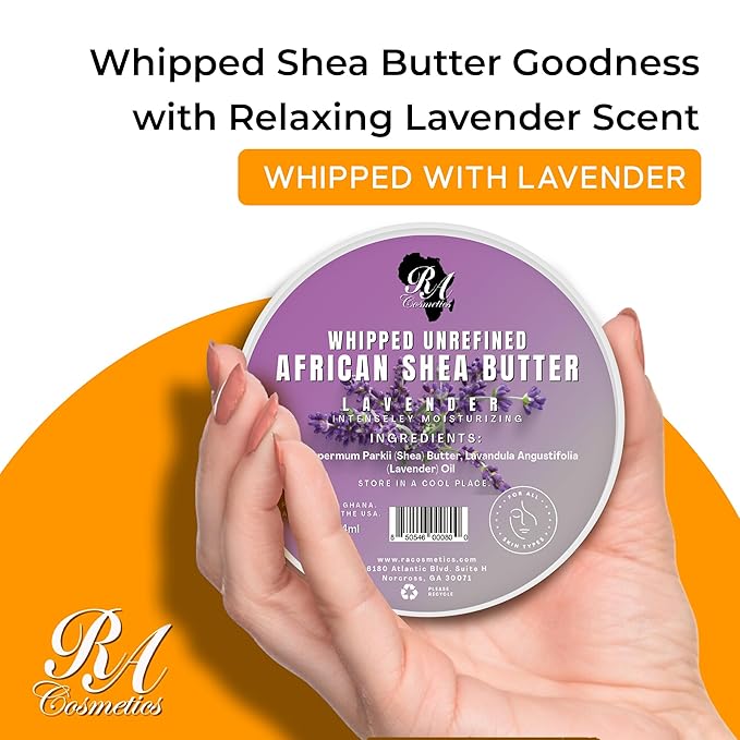 RA COSMETICS Whipped Shea Butter with Lavender Extract – 100% Unrefined Shea Body Butter from Ghana – Moisturizes Skin, Nourishes & Conditions Hair – Softens and Smooths Lips, Hands & Feet – 12oz