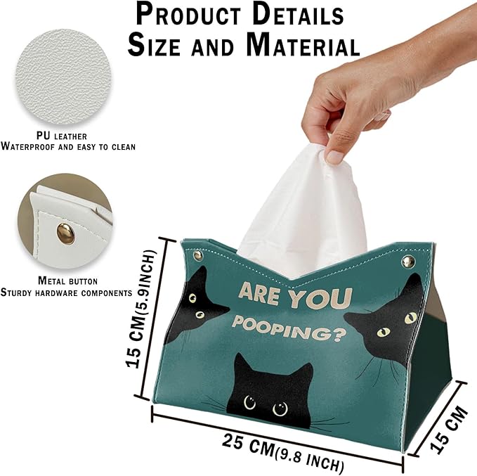 Funny Rectangle Tissue Box Cover for Bathroom, Cute Cat Tissue Box Holder, are You Pooping Funny Bathroom Decor, Vintage Green PU Facial Paper Case Cats Gifts for Cat Mom Women 9.8x5.9x5.9