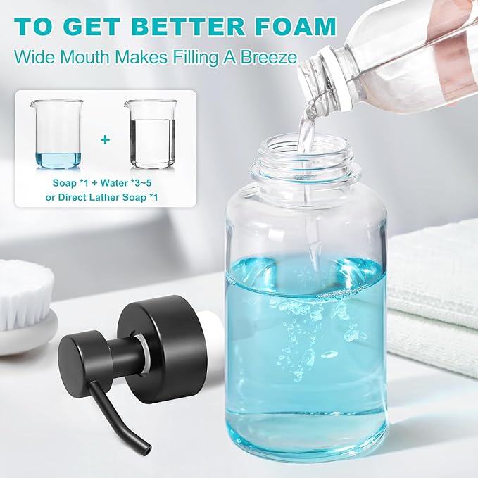 RACOBOT Foaming Hand Soap Dispenser, 14.1 oz/400ml Foaming Soap Dispenser, 2 Pack Glass Foaming Dispenser for Bathroom & Kitchen, Clear Refillable Liquid Dispenser Bottle with Waterproof Labels