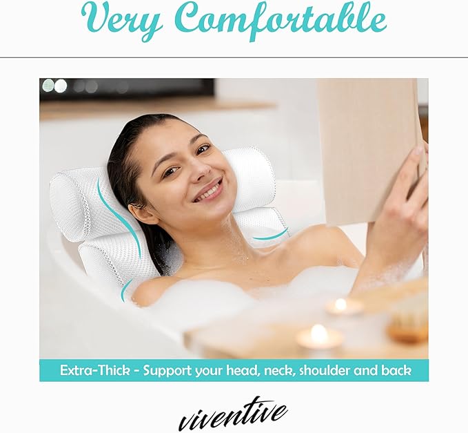 Luxury Bath Pillow for Tub - Non-Slip and Extra-Thick, Head, Neck, Shoulder and Back Support. Soft and Large Comfort Bathtub Pillow Cushion Headrest for Relaxation - Fits Any Tub Made of 3D Mesh