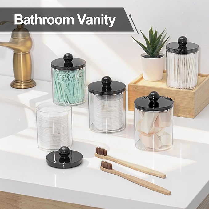 SheeChung 4 Pack Acrylic Qtip Holder Dispenser,Bathroom Jars with Lid Set for Cotton Swabs,Balls,Pads,Floss,Clear Plastic Canisters Apothecary Jar,Bathroom Essential Makeup Vanity Organizer(10oz-12oz)