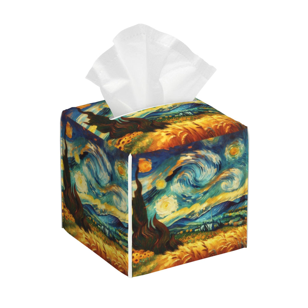 Starry Night Tissue Box Cover Square, Abstract Impressionist Oil Painting Tissue Box Holder Waterproof Leather Facial Paper Organizer Dispenser for Bathroom Home Car Nightstand Vanity Desk