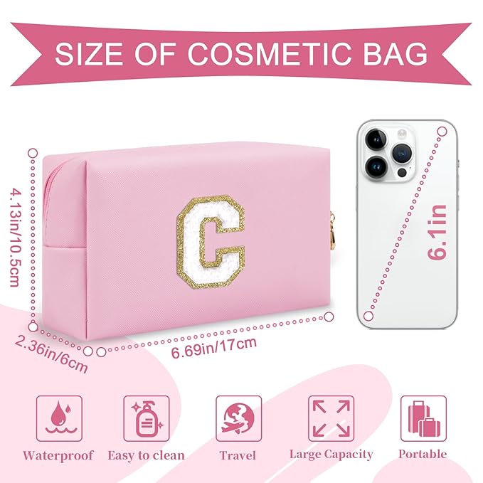 Personalized Initial A-Z Preppy Patch Makeup Bag,Small PU Chenille Letter Cosmetic Bag with Zipper for Teen Girls,Pink Cute Toiletry Organizer Bag,Monogram Makeup Case Gift for Women Girls,Letter C