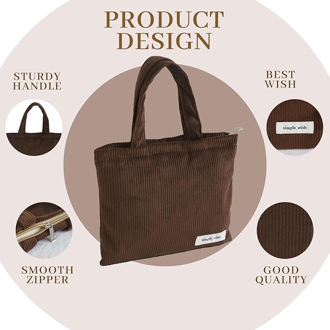 Wudygirl Makeup Bag Travel Cosmetic Bag for Women Small Makeup Pouch with Handle Zipper Cosmetic Pouch Handbag Aesthetic 8.3" x 6.7"(Coffee)