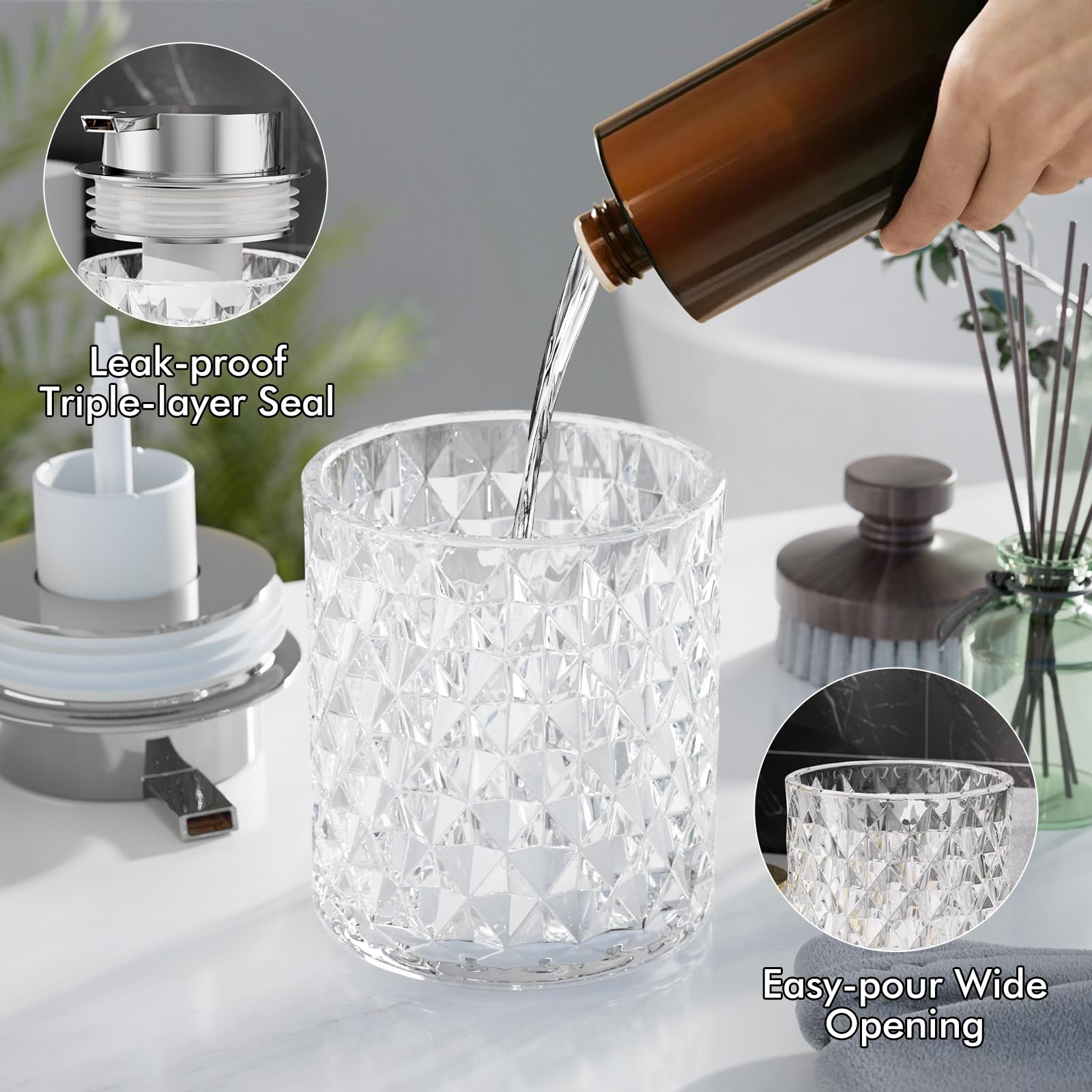 Glass Bathroom Accessories Set 5Pcs Crystal - Foaming Soap Dispenser, Soap Dish, Cup, Acrylic Toothbrush Holder with Tray Organizer, Qtip Jar, Bathroom Counter Set Sink Decor (Clear)