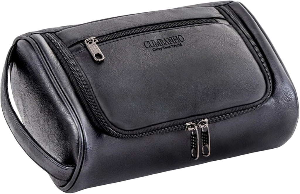 Mens Toiletry Bag, Compact Dopp Kit for Men Travel, PU Leather Shaving Kit, Water-Resistant Minimalist Organizer with Wrist Strap, Fits Grooming Essentials,Large 10x6.5x4 Inch Classic Black