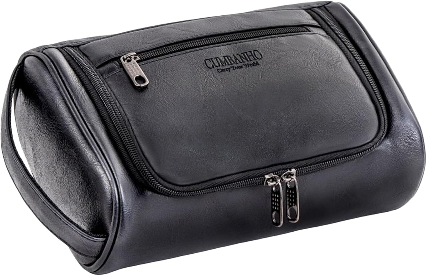 Mens Toiletry Bag, Compact Dopp Kit for Men Travel, PU Leather Shaving Kit, Water-Resistant Minimalist Organizer with Wrist Strap, Fits Grooming Essentials,Large 10x6.5x4 Inch Classic Black