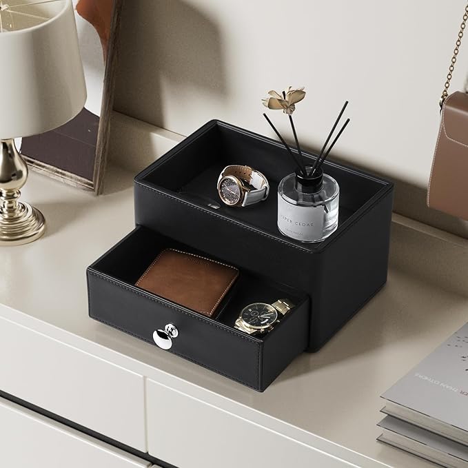 MEIBOOCH PU Leather Desk Organizer with Drawer, Multifunctional Nightstand Organizer, Waterproof Makeup Organizer for Vanity Bathroom Countertop Bedside Table (Black)