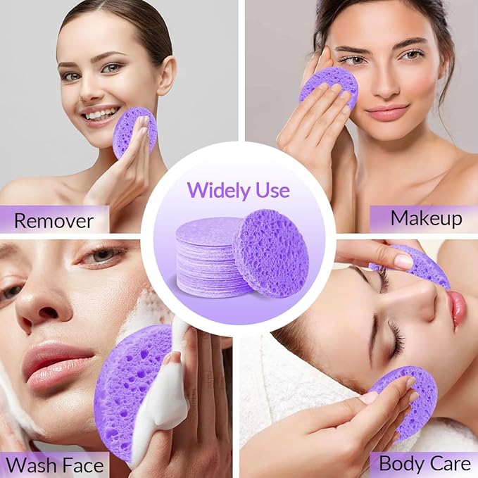 100-Count Facial Sponges Compressed Natural Cellulose Sponge Round Shape Face Sponge for Face Cleansing Exfoliating and Makeup Removal, Purple