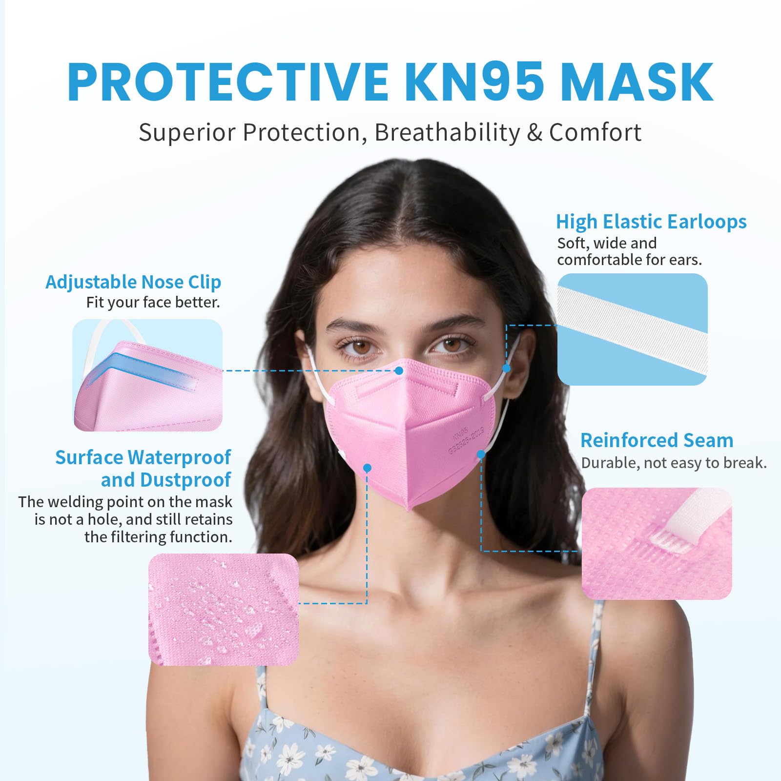 akgk KN95 Face Mask 50 PCS, Breathable Protection Masks, 5-Ply KN95 Hot Pink Masks, Cup Dust Safety Masks