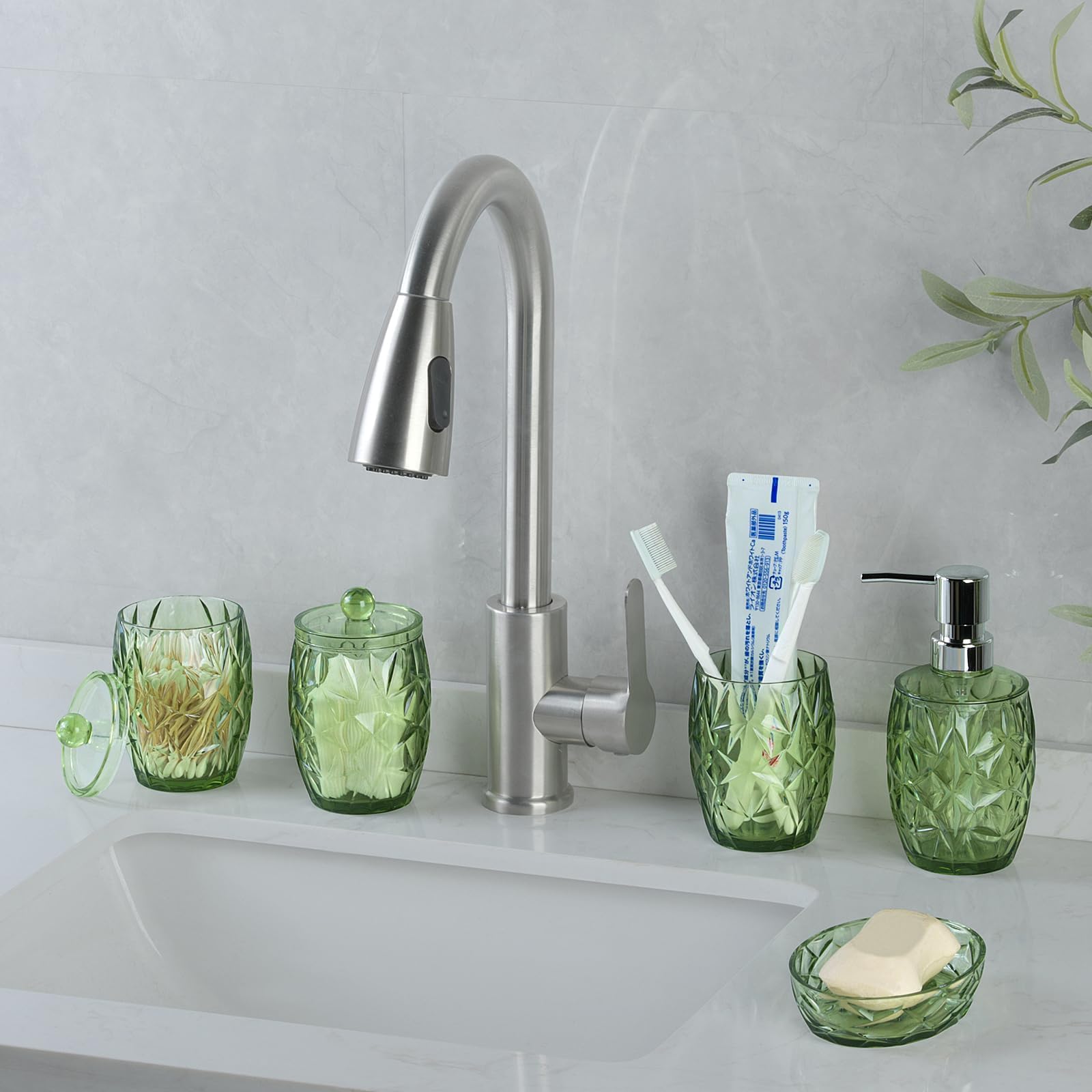 Modern Shatterproof Acrylic Olive Green Bathroom Accessories Set – 5-Piece Glass-Free Vanity Set with Soap Dispenser, Toothbrush/Makeup Brush Holder, 2 Cotton Jars with Lids, and Soap Dish