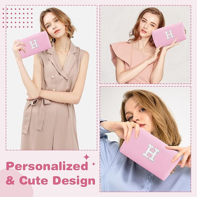 ChaoGreat Bride Gifts – Personalized Initial Makeup Bag with Pearl Rhinestone Patch, Preppy Pink Monogram Cosmetic/Toiletry Pouch, bridesmaid Gifts, Bridal Shower Gifts, Wedding Gifts, Bridal Gifts,H
