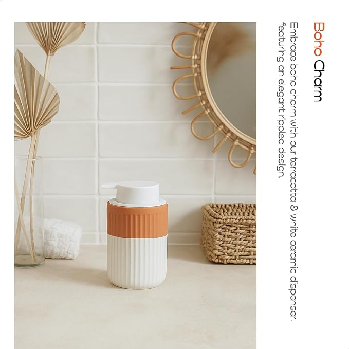 ABBI NIMO 2 Pack Hand Dipped Terracotta Ceramic Foam Soap Dispenser, 12 oz Rippled Bubble-Up Bottle with White Silicone Pump, Refillable Orange Hand Soap Dispenser for Bathroom