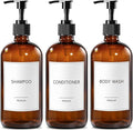 GMISUN Glass Shampoo and Conditioner Dispenser, Shower Soap Dispenser Bottles with Labels, Refillable Shampoo Conditioner Body Wash Dispensers, Amber Glass Soap Pump Dispenser Set for Bathroom Shower
