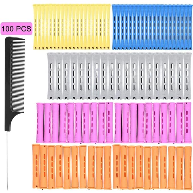 100pcs Perm Rods Set - 5 Sizes Cold Wave Rollers for Natural Curling, Styling and Hairdressing (Orange, Purple, Gray, Blue, Yellow)