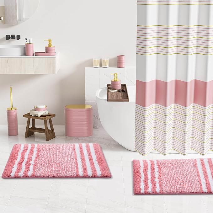 InnJoey Bathroom Set - Bathroom Sets with Shower Curtain and Rugs, 25PC Bathroom Accessory Set, Pink Bathroom Accessories Set with Trash Can, Soap Dispensers
