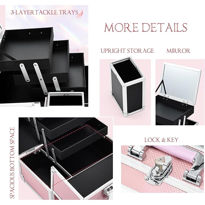 Joligrace 3-Tray Makeup Case with Mirror & Brush Holder, 11.6" Mermaid Pink