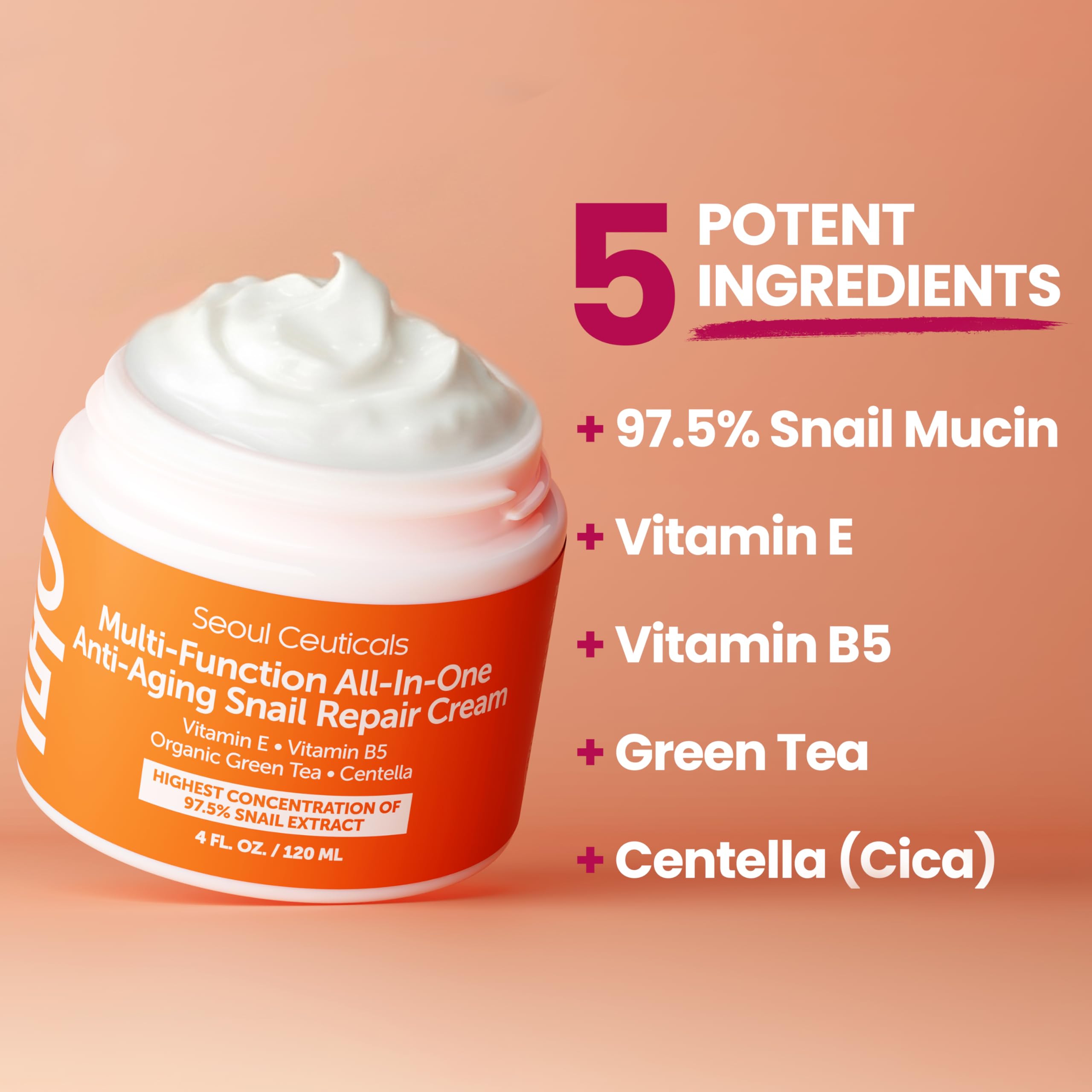 SeoulCeuticals 97% Snail Mucin Korean Face Moisturizer Skin Care Cream 4oz