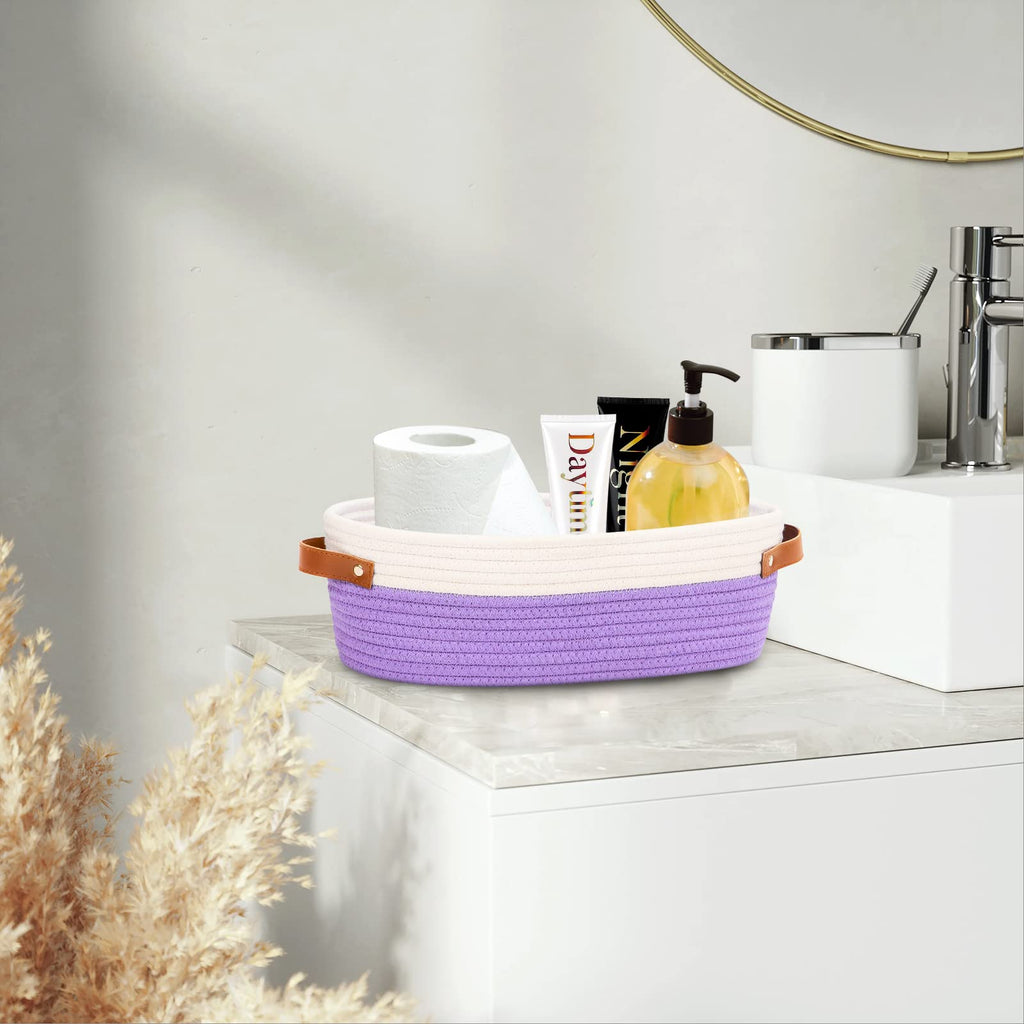 HLWDFLZ Bathroom Countertop Organizer Basket, Cotton Rope Woven Storage Basket Toilet Paper Decorative Basket for Bathroom, Bedroom, Living Room, Entryway 13"x6.3"x4.3" (Off White/Purple)