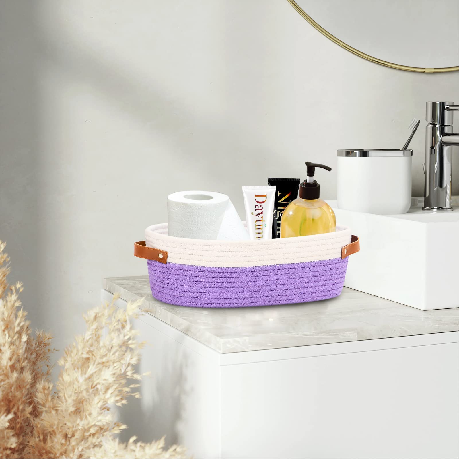 HLWDFLZ Bathroom Countertop Organizer Basket, Cotton Rope Woven Storage Basket Toilet Paper Decorative Basket for Bathroom, Bedroom, Living Room, Entryway 13"x6.3"x4.3" (Off White/Purple)