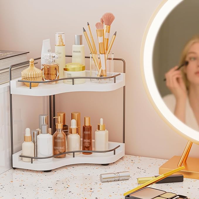 Aollewoiti 2-Tier Corner Bathroom Counter Organizer with Embedded Screw Holes, Secure & Stable Wood Vanity Shelf for Makeup and Skincare Essentials - Space Saving Bathroom Countertop Storage, White