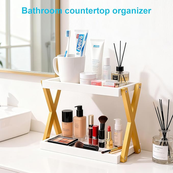 DUICIRX Bathroom Counter Organizer, Wooden Sink Shelf for Vanity Storage, Storage Organizers for Bathroom, Kitchen, Dresser (Gold-White)