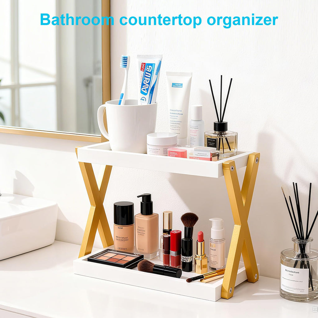 DUICIRX Bathroom Counter Organizer, Wooden Sink Shelf for Vanity Storage, Storage Organizers for Bathroom, Kitchen, Dresser (Gold-White)