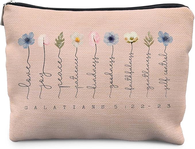 Likjad Christian Gifts Makeup Bag, Floral Christian Cosmetic Bags for Women, Galatians 5:22-23 Bible Verse Makeup Pouch, Faith Based Gifts Zipper Pouch(light pink)