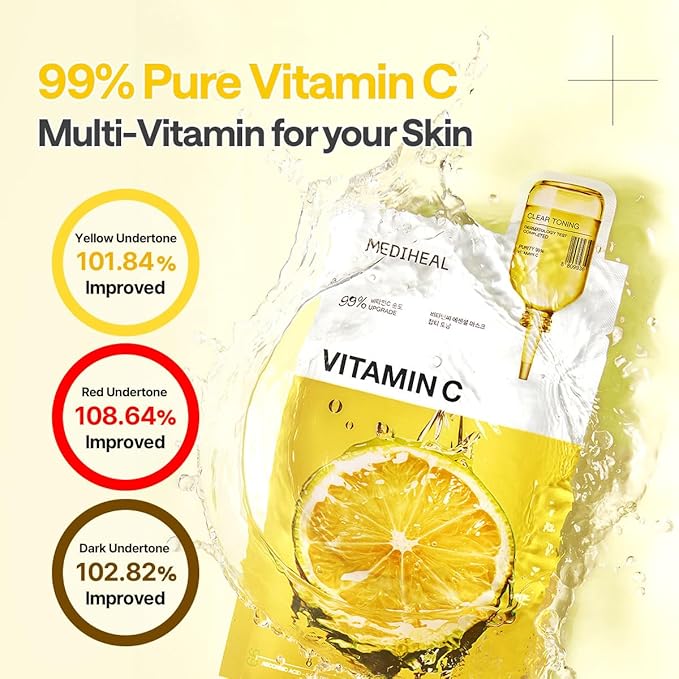 Mediheal Essential Face Mask [Vitamin C] Clear Toning 10 pcs. with 99% Purity Vitamin C & 10 Vita Actives for Radiance & Hydrating Glow & Vitalizing- Korean Skin Care & Vegan Formula Korean Sheet Mask