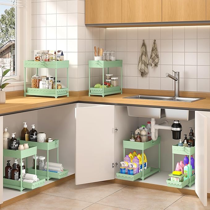 Sevenblue 3 Pack Under Sink Organizers,2-Tier Multi-Use Kitchen and Bathroom Organizers and Storage with Sliding Drawers,Bathroom Cabinet Organizer (Green, 12.8 Inch)