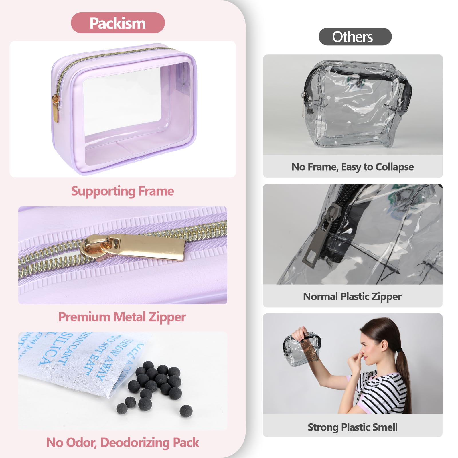 PACKISM Clear Makeup Bag Travel - 3 Pack TSA Approved Toiletry Bag, Purple