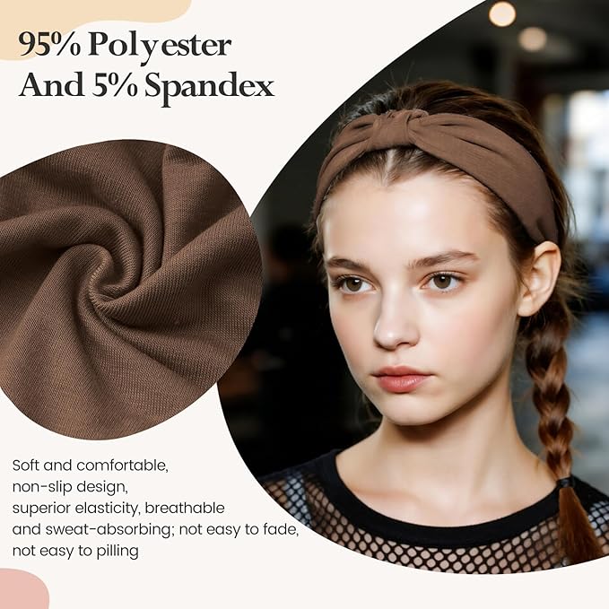 HSEM Headbands for Women, Wide Elastic Head Bands, Non-Slip Thick Hair Bands, Sports Stretchy Sweat Bands, Large Knotted Soft Headband, Gray Burgundy Green Black Coffee Navy