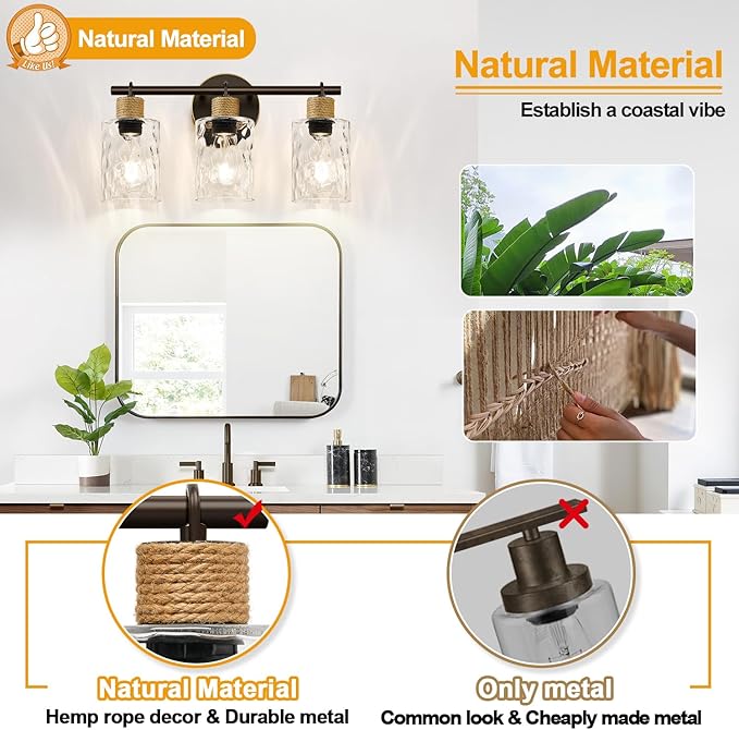 Bathroom Light Fixtures, 3-Light Coastal Vanity Lights with Crystal Glass Shade, Oil-Rubbed Bronze Bathroom Wall Lamp for Mirror Kitchen Hallway Cabinet