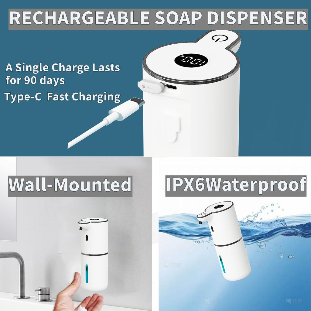 Automatic Liquid Soap Dispenser Touchless, Foaming Soap Dispenser 6 Adjustable Level Hands Free Auto Soap Pump USB Rechargeable Dispenser Electric Wall Mounted DishDispenser Kitchen