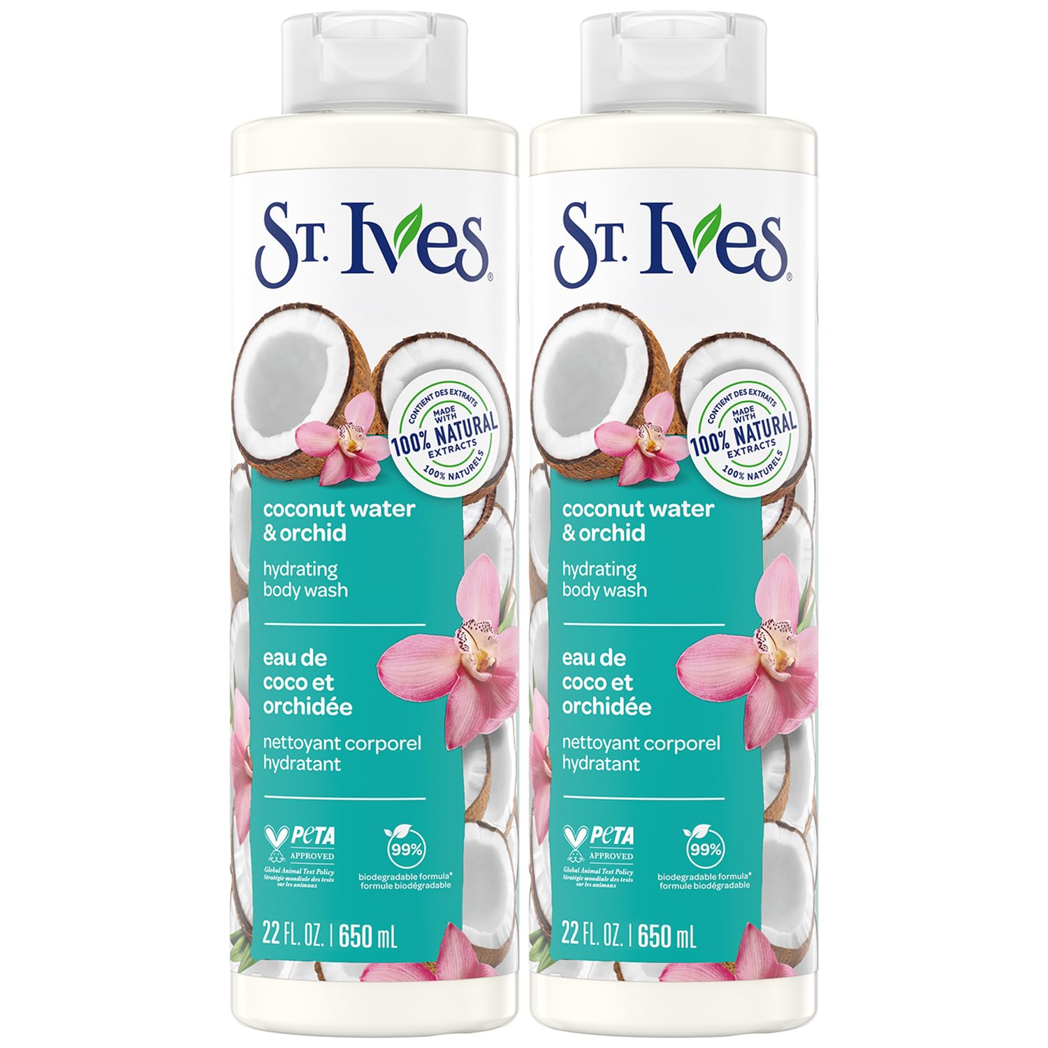 St. Ives Body Wash, Coconut Water & Orchid Hydrating Shower Gel 2-Pack, 100% Natural Extracts, Cruelty-Free, 22 Oz Ea