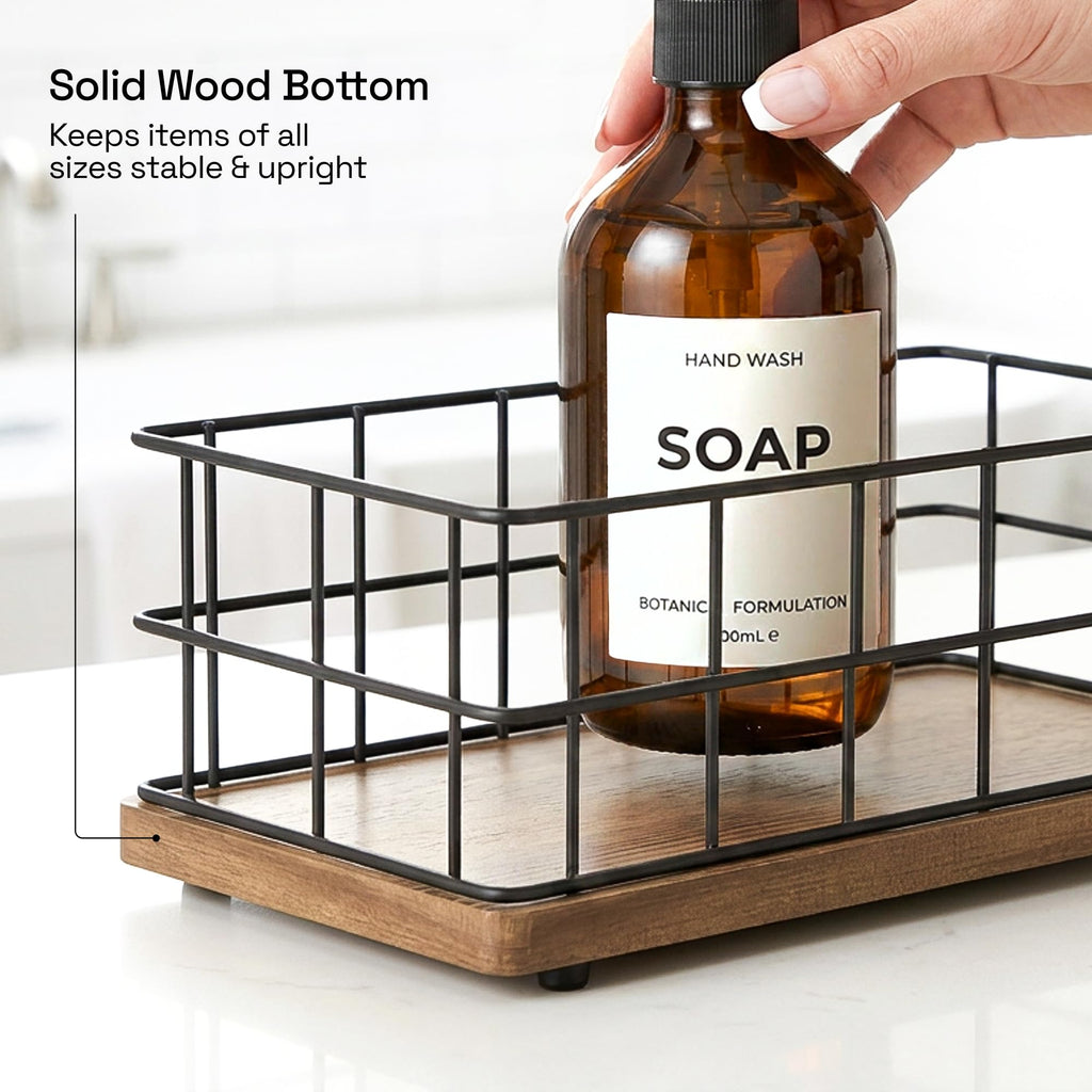 BAOBAB WORKSHOP Wooden Bathroom Basket Organizer & Storage, Toilet Paper Basket for Back of Toilet Tank Topper Tray, Paper Holder Basket for Bathroom Decor Box with Liners, Solid Wood & Wire, Set of 2