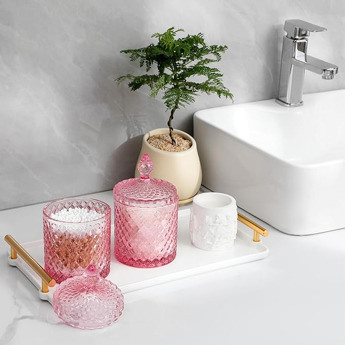 2 Pack Qtip Holder Apothecary Jars with Lid, Thick Glass, Large Pink